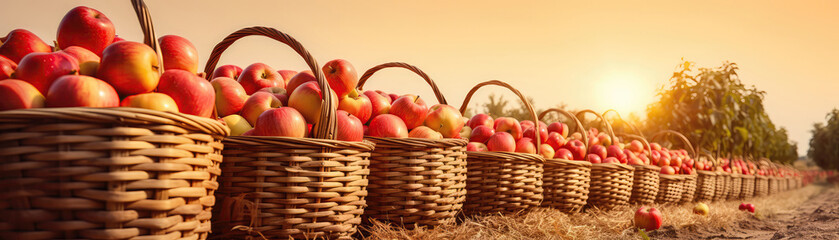 Freshly Picked Apples Displayed In Traditional Farm Baskets. Panoramic Banner. Generative AI