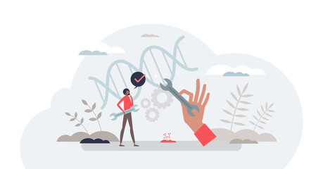 Biohacking as personal body medicine DNA improvement tiny person concept, transparent background. Genetic hacking to improve life and wellness performance illustration.