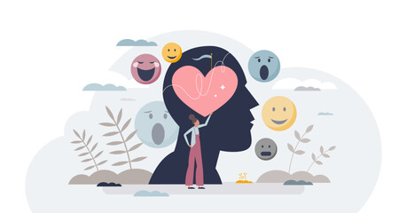 Emotional intelligence as ability to understand feelings tiny person concept, transparent background. Face expression and mood changes recognition and fair psychological judgment illustration.