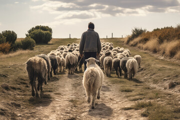 Herd Of Sheep Being Guided By Shepherd. Generative AI