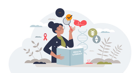 Health literacy and medical healthcare education book tiny person concept, transparent background. Reading about medicine, disease.