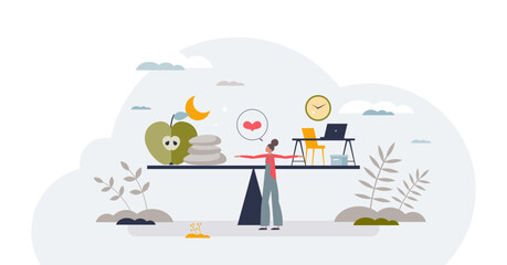 Employee wellness programs with workspace health benefits tiny person concept, transparent background. Job and relaxation balance with company provided leisure services illustration.