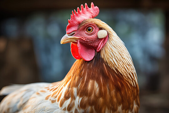 Closeup Of Chicken In Rustic Farmyard Setting. Generative AI
