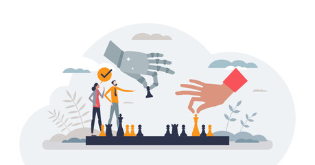 Artificial intelligence or AI usage for intellect games tiny person concept, transparent background. Play chess with human vs robot teams illustration. Futuristic machine interaction.