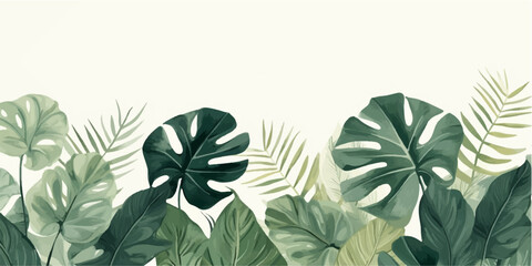 Abstract foliage and botanical background. Green tropical forest wallpaper of monstera leaves, palm leaf, branches in hand drawn pattern. Exotic plants background for banner, prints, decor, wall art. - obrazy, fototapety, plakaty