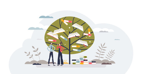 Lifelong learning and continuing academic development tiny person concept, transparent background. Education and knowledge growth as symbolic wisdom book tree illustration.
