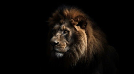 A lion on a black background, created with Generative AI technology.