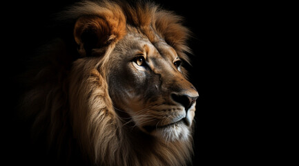 Naklejka premium A lion on a black background, created with Generative AI technology.