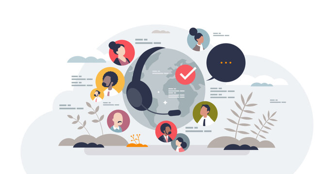 Online customer service with global support center tiny person concept, transparent background.International assistance with call agent for telemarketing and find user solutions illustration.