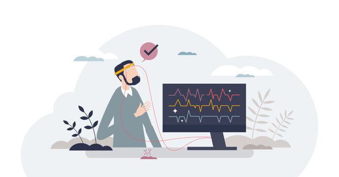 biofeedback process for physiological functions awareness tiny person concept, transparent background.Control body systems at will with treatment method illustration.