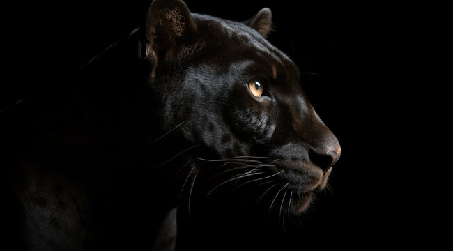 Black panther on a black background, created with Generative AI technology.