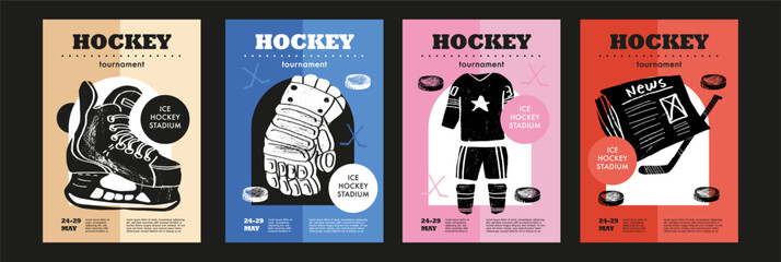 Template Sport Layout Design, ice hockey. Hockey league tournament poster vector illustration. Hand drawn engraving illustration uniform, newspaper, skates hockey pitch background.