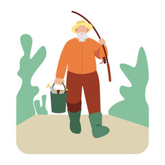 Man with fishing rod and bucket of fish goes home from fishing. Elderly, senior human spending time outside. Older peoples activities and hobby. Flat vector illustration in green and yellow colors
