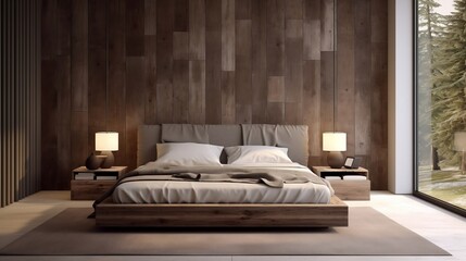 Interior design of modern bedroom with wooden bed against reclaimed barn wood paneling wall generative ai