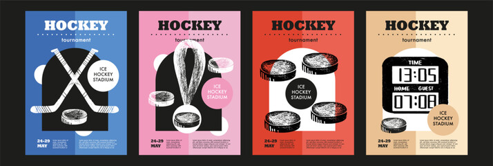 Template Sport Layout Design, ice hockey. Hockey league tournament poster vector illustration. Hand drawn engraving illustration stick, award, score puck hockey pitch background.