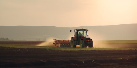 Fototapeta premium Harvesting tobacco with agricultural machinery tractor sunlight. Agriculture industry concept. Generation AI