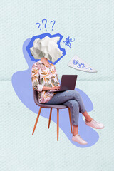 Photo collage artwork of overworked thoughts headless bad thoughts dilemma businesswoman question...