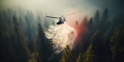 Fototapeta na wymiar Fire fighting Helicopter dropping water on wildfire. Disaster forest burning emergency banner. Generation AI