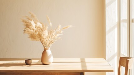 wooden dining table with dry grass in vase in sunlight from window, light beige wall room,  for product presentation background