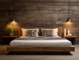 Interior design of modern bedroom with wooden bed against reclaimed barn wood paneling wall generative ai