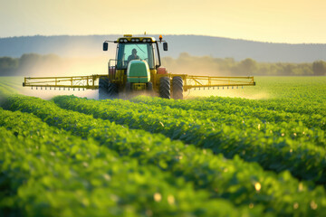 Tractor Spraying Pesticides In Soybean Field With Sprayer. Generative AI - obrazy, fototapety, plakaty