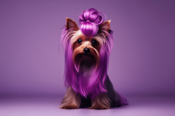 Yorkshire Terrier With Voluminous Purple Blowout Hairstyle. Generative AI
