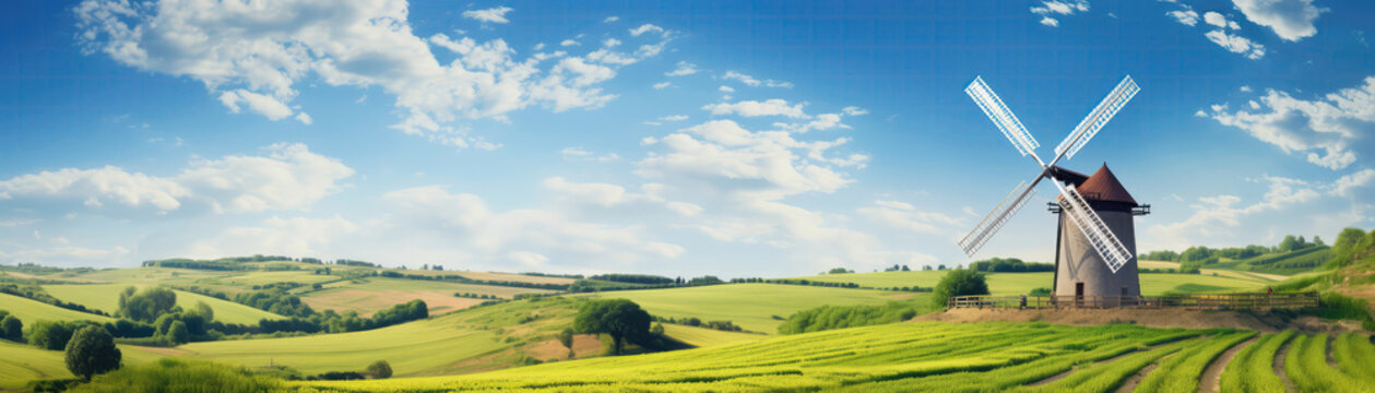 Traditional Windmill Against Backdrop Of Green Fields. Panoramic Banner. Generative AI