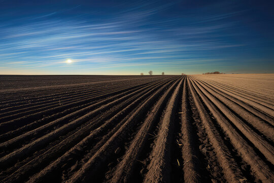 Wavy Fields With Lines Of Winter Crops Against An Evening Sky. Generative AI