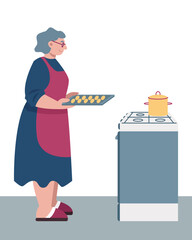Adult female in apron holding pallet with cookies and stands near oven. Older peoples activities and hobby. Flat vector illustration in pink and blue colors in cartoon style
