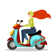 Fototapeta na wymiar Faceless beautiful female in protect helmet riding scooter, spending time outside. Care about planet concept. Eco transport concept. Save earth. Flat vector illustration in cartoon style