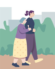 Young woman going near senior lady and helping her to walk. Older peoples activities outdoors. Elderly human spending time at outside. Flat vector illustration in green and blue colors