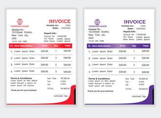 Business Minimal Corporate Invoice design template vector illustration bill form price . Creative template and stationery design payment agreement design template Cash Memo, Vector Quotation Design