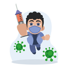 Man holding syringe ready to protect patient. Health care providers fight virus with vaccinations and immunizations. Flat vector illustration in blue and green colors with cartoon