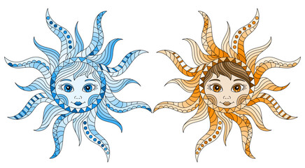 An illustration in the style of a stained glass window with bright flowers, leaves and rosehip berries on a blue sky background