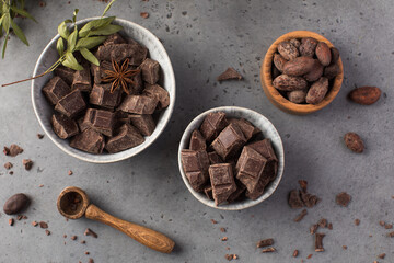 Pieces of natural dark chocolate and cocoa beans in bowls. Natural products, artisan chocolate.