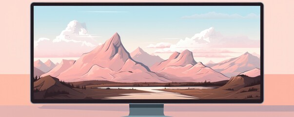 Mockup of PC with illustration in, easy pastel colors, panorama, work place. Generative Ai.