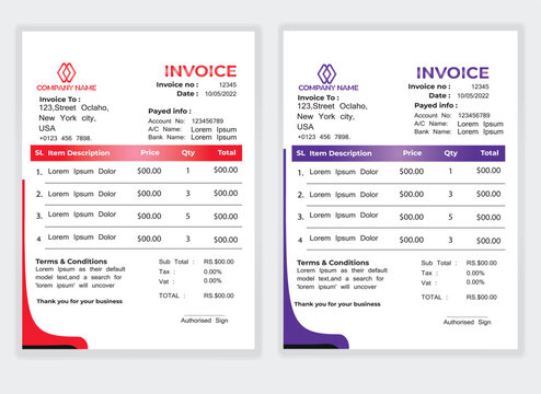 Business Minimal Corporate Invoice design template vector illustration bill form price . Creative template and stationery design payment agreement design template Cash Memo, Vector Quotation Design