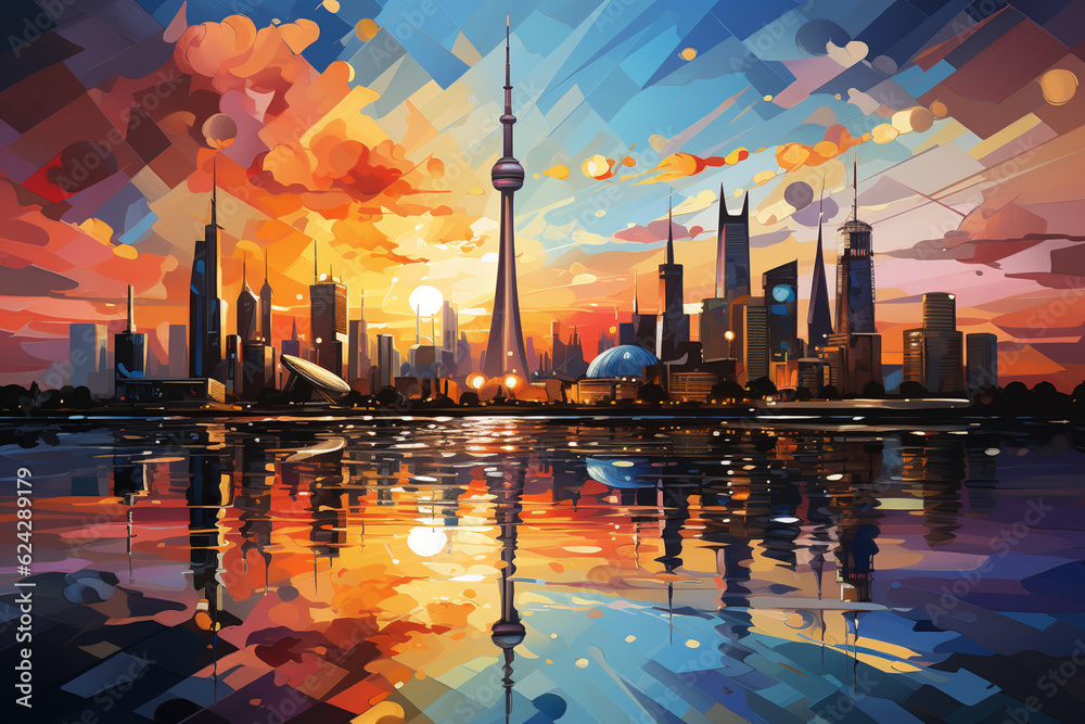 Poster In this artwork, the Burj Khalifa is depicted in an abstract cubist style. The image deconstructs the structure into fragmented planes and angles Generative AI technology.