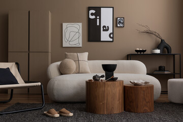Creative composition of living room interior with mock up postaer frame, beige sofa, wooden coffee table, pillows, black rack, stylish armchair and personal accessories. Home decor. Template.