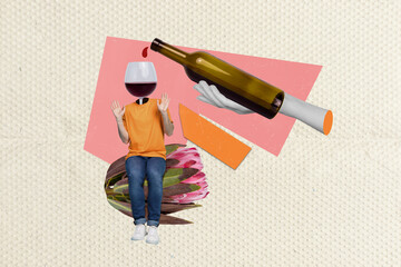 Collage surrealistic absurd head red wineglass sommelier drinking alcoholic weekend after hard...