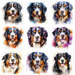 Set of dogs breed Bernese Mountain painted in watercolor on a white background in a realistic manner. Ideal for teaching materials, books and designs, postcards, posters.