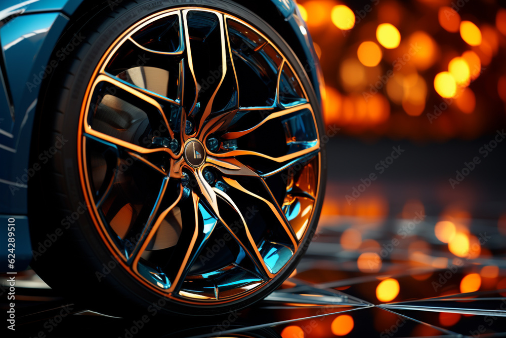 Poster A close-up photograph of a car wheel with an abstract overlay of geometric patterns.  Generative AI technology.