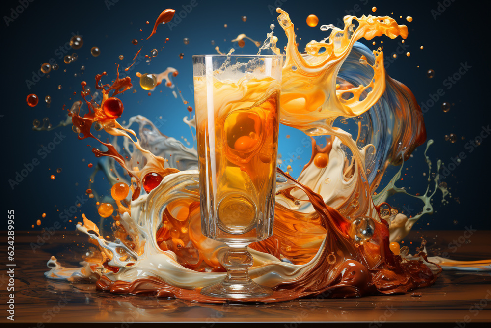Poster The image captures the energy and liveliness associated with beer consumption, with intersecting shapes and flowing lines representing the effervescence. Generative AI technology.