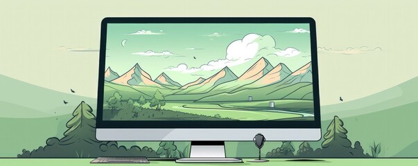 Mockup of PC with illustration in, easy pastel colors, panorama, work place. Generative Ai.