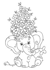 Cute elephant with flowers on head coloring page