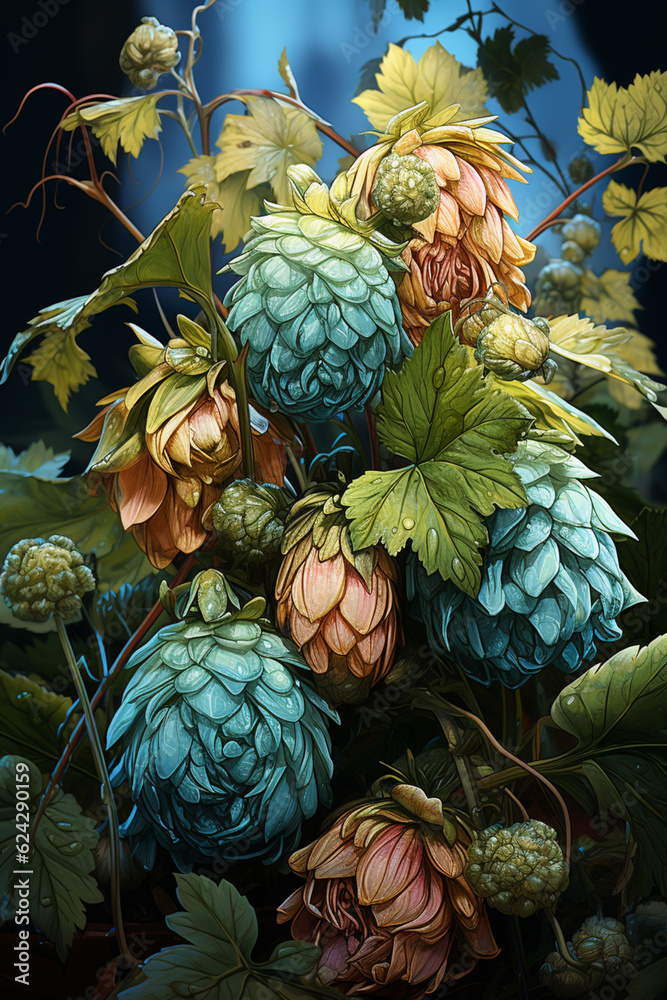 Poster A digital illustration featuring an abstract interpretation of beer hops using geometric shapes and lines.  Generative AI technology.