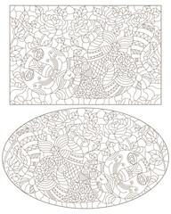 A set of contour illustrations in the style of stained glass with cute cartoon cats on a background of flowers, dark contours on a white background