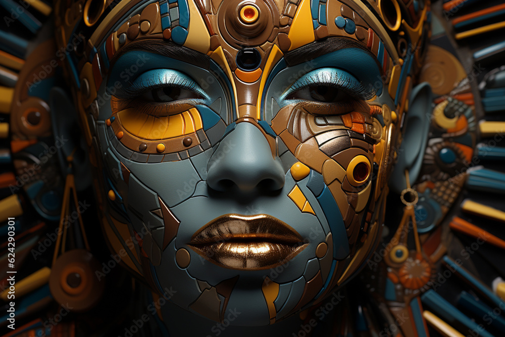 Poster A complex, multi-layered pattern of interlocking shapes that resembles a Pharaoh face.  Generative AI.