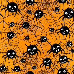 Spiders, Spiderwebs, Geometric TILE texture, Seamless, Repeating pattern, Endless background. REPETEABLE IMAGE BOTH HORIZONTALLY, VERTICALLY. Spiderweb, cobweb in the orange background. Generative AI