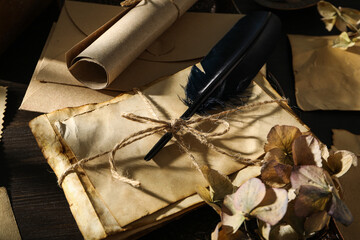 Old letters and feather on wooden background